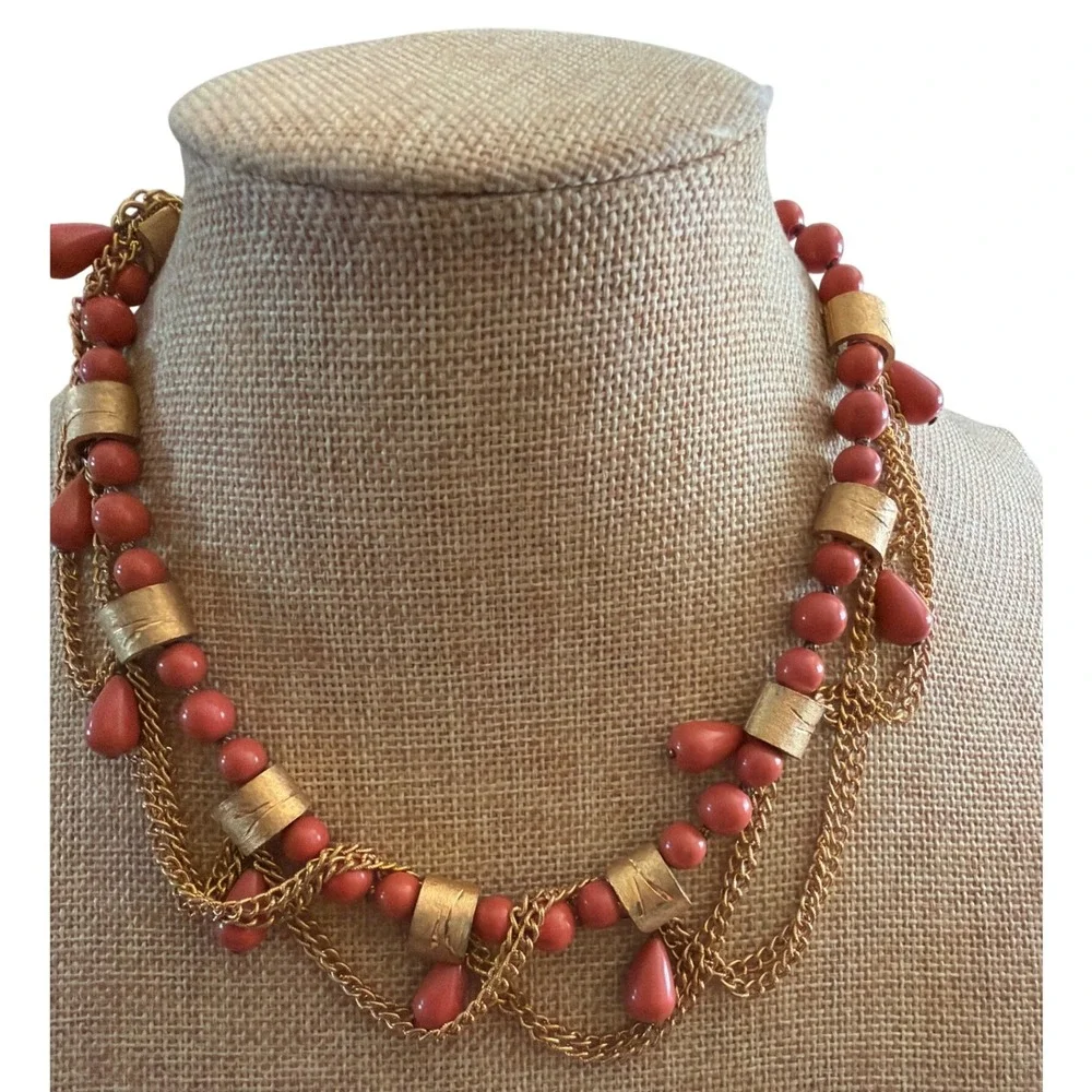 Vintage Style Coral Pink Beaded Multi Strand Gold Tone Chain Necklace